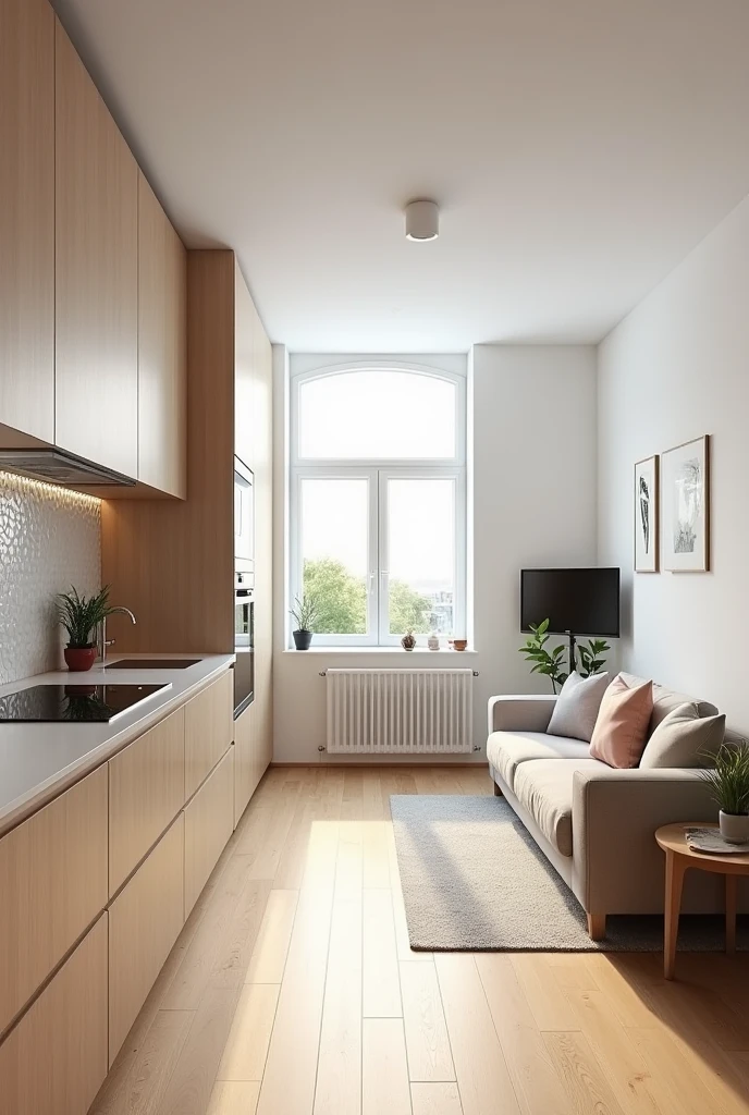 Design of a kitchen connected to a living room. The design is minimalistic. wooden floors, white walls and ceilings, not too light. The room is cozy. Dimensions: length - 816 cm, in width - 316 cm. There's only crap at one end; in the middle of the room, near the window, sofa, on the opposite side there is a TV on the wall.
