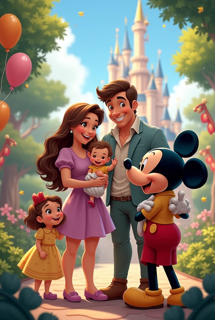 I would like an image with a family with 2 children, being one and one , like a Disney animation, celebrating a Disney vacation achievement, all together with Mickey