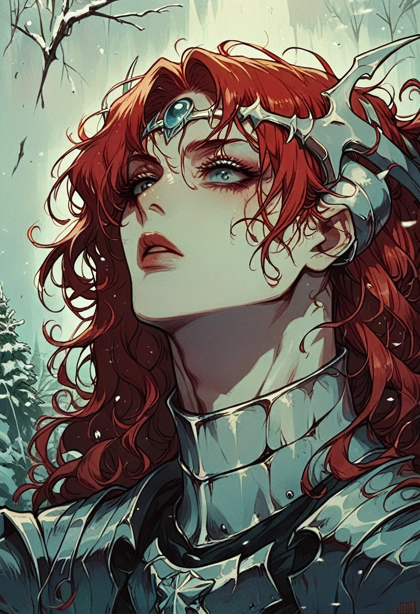 Boudicca, the legendary Nordic queen with long red curly hair, skin pale as snow and muscular, wearing silver armor with bone aspects.