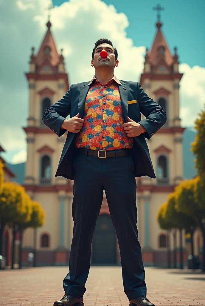 A person standing in a superman position with a suit and opening his jacket and shirt showing a colorful polo shirt between the buttons when he takes off the suit but with a clown nose, Superman style, happy in realism that is in an American style flat screen, movie style with the background of the church in the Plaza de Armas of Cajamarca, Peru but in the style of a Hollywood movie poster.