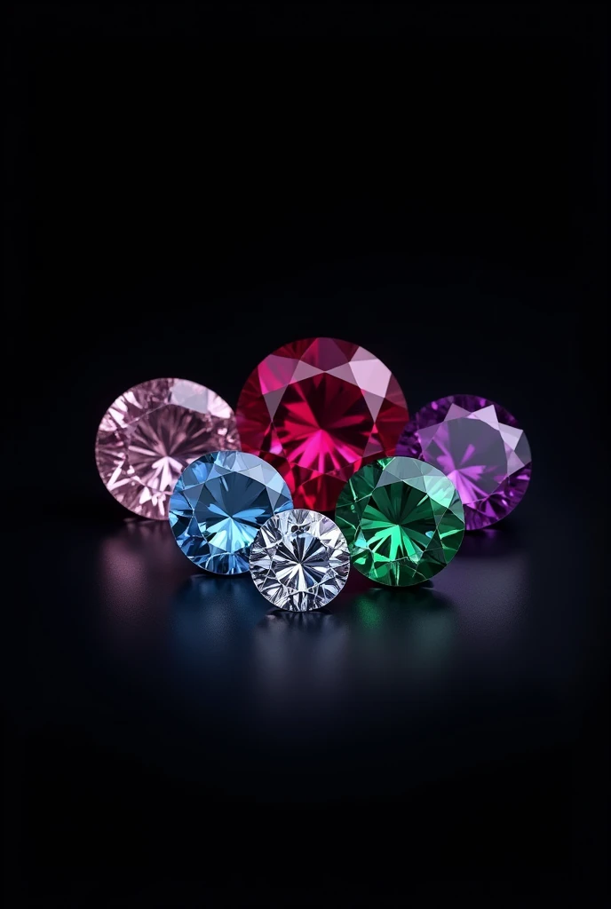 I want an image where you can see a pink spinel, a diamond, a ruby, an emerald and a purple amethyst. that one of the gems is separated. I want the blue diamond and only the 5 gems that I asked for. I want a black background