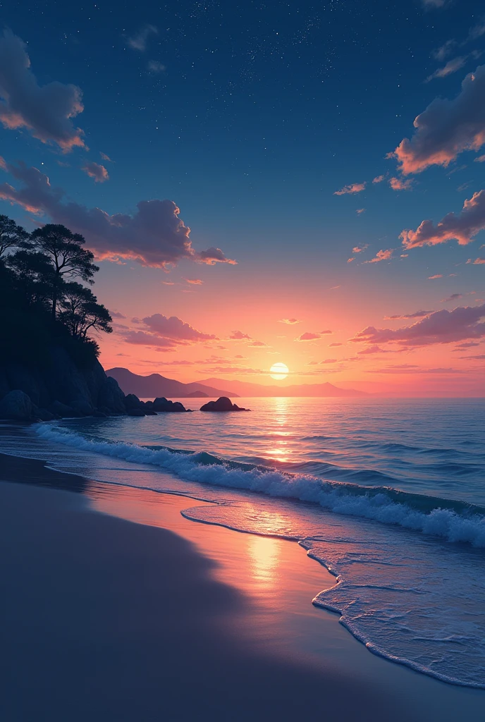 
Viral anime nature wallpaper in 4K quality, in the style of photography with a 35mm lens inspired by Keiichi Hara, capturing a serene beach at twilight with gentle waves, a sky transitioning from orange to deep blue, and a silhouette of distant islands; warm and tranquil color temperature, cosmos lighting with stars twinkling in the sky, no human characters, the atmosphere is peaceful and reflective --v 5 --stylize 1000