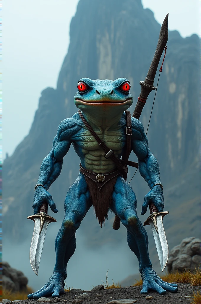 Blue frog man red eyes Two daggers one in each hand And a bow on the back looking at a mountain