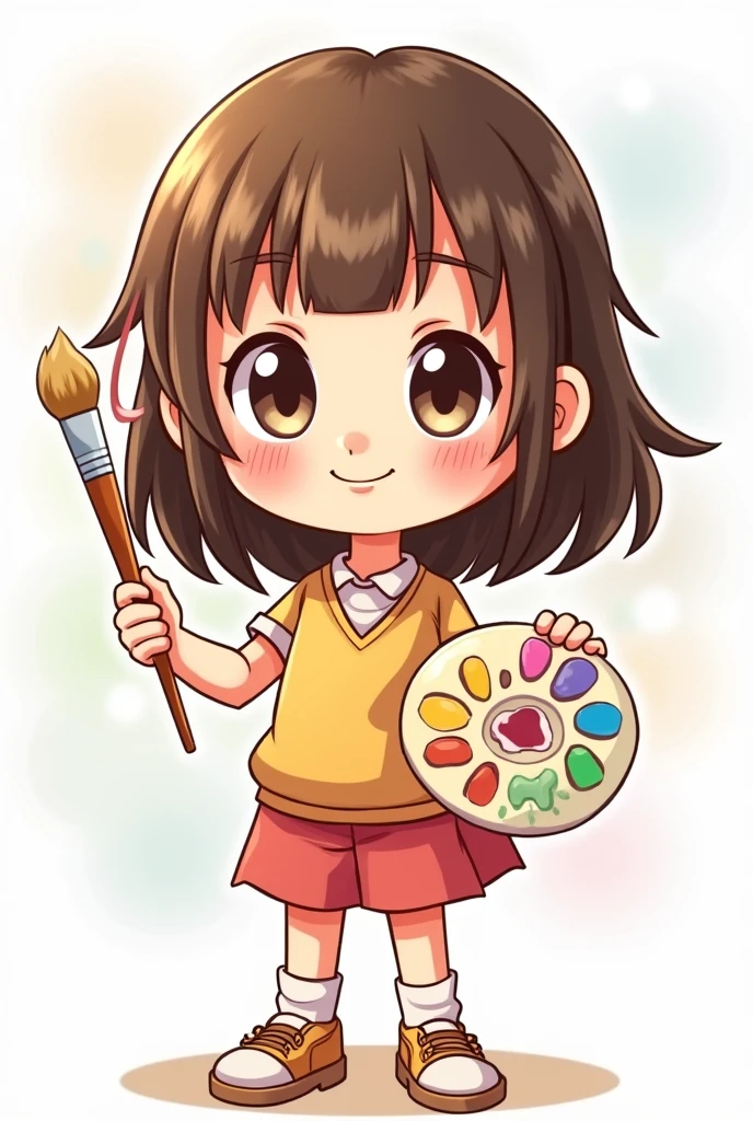 Create a cartoon mascot, child with long straight hair, and short bangs, light brown eyes and I want her to be holding a brush and a paint palette in her hands