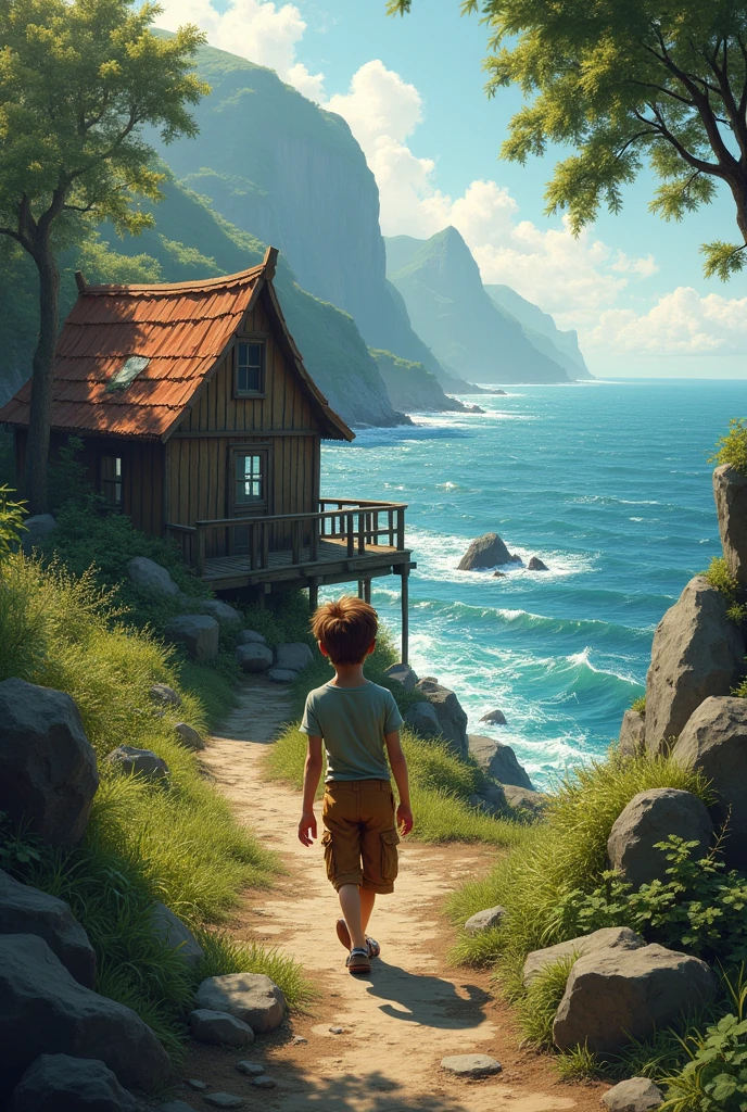 Boy walking away from cabin on the coast
