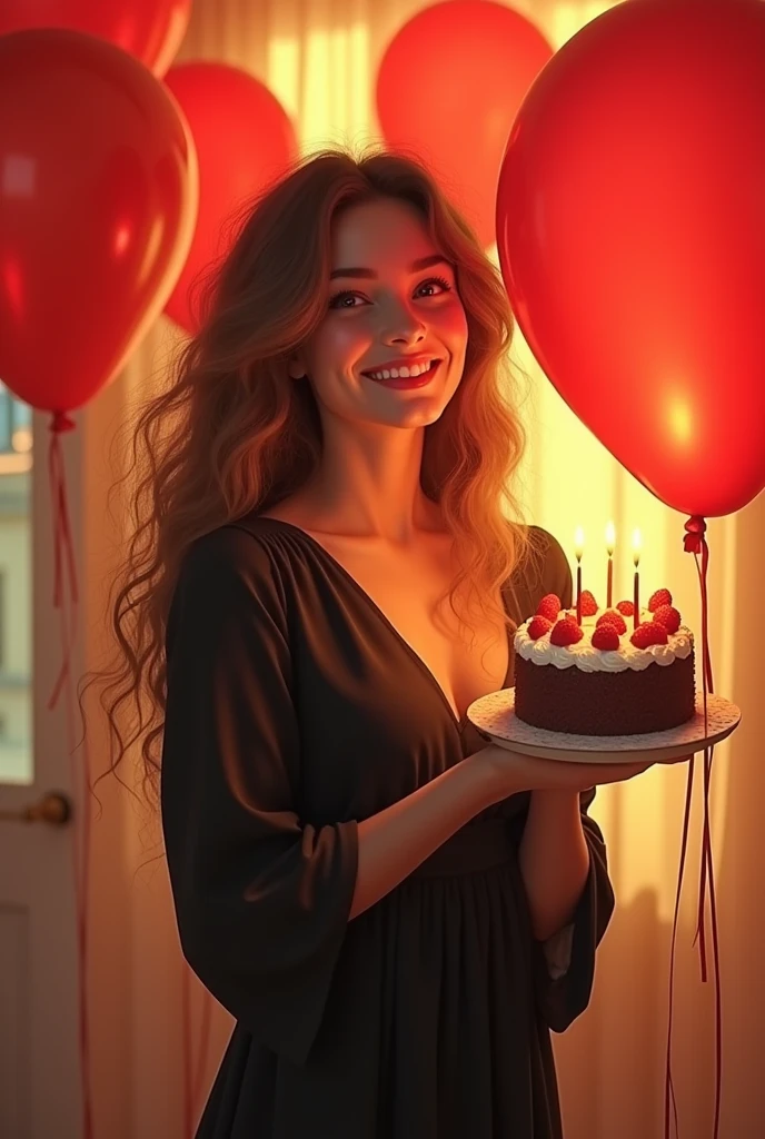 Beautiful girl big smile with wavy long hair, Waring a black full frock with covered hand holding a cake and another hand holding a balloon write " its my birthday "his background some red balloons and and his standing in warm yellow light room