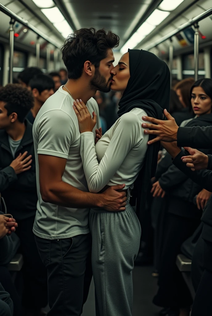 Black headscarf on a very crowded bus, white long sleeve t shirt,Sexy skinny woman in baggy grey sweatpants kissing a man.Other people are touching the woman's buttocks.