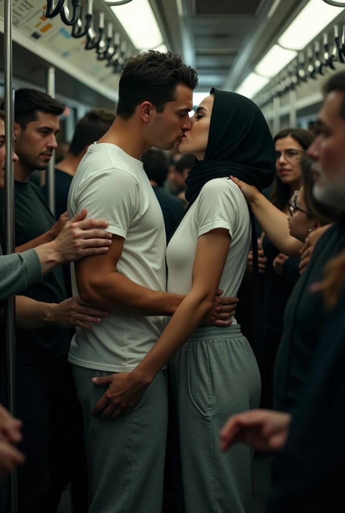 Black headscarf on a very crowded bus, white long sleeve t shirt,Sexy skinny woman in baggy grey sweatpants kissing a man.Other people are touching the woman&#39;s buttocks. 