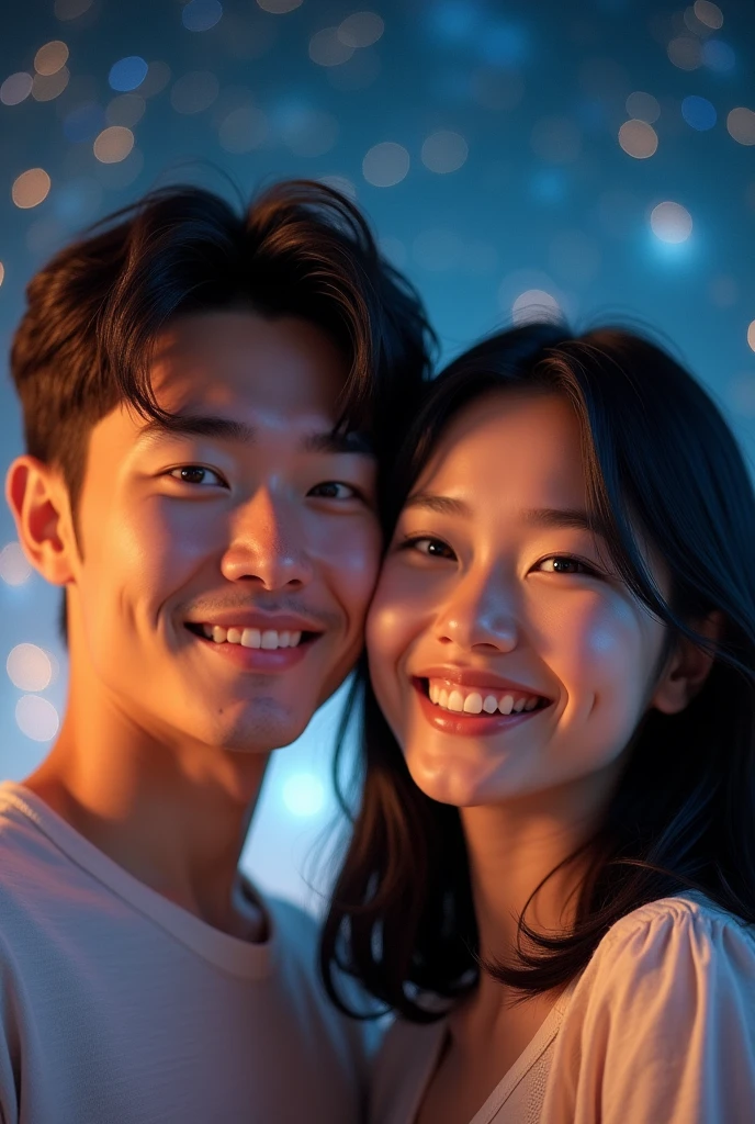 Close-up of a couple face,a young woman and young man facing to the camera, outer space in the background (stars and galaxies shining beautifully), wearing cashual clithes, charming, large "mochiman" on the screen is written in large letters on the screen,Smile, High Resolution, Black Hair, Medium Hair, Light Smile, 