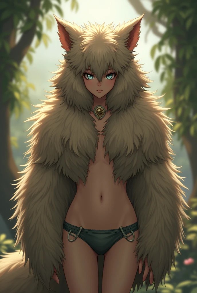 Beastman Girl、A lot of fur、Like a Ghibli anime、Her breasts are hidden by the fur、The fur is hiding his ??????、The underwear is fur、