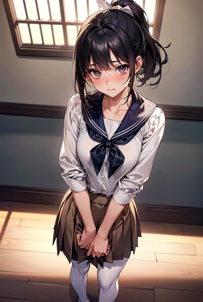 (((masterpiece, Highest quality, High resolution, 超High resolution, Pixel perfect, Written boundary depth, 4K, RTTX10.0))), Cute anime woman, Beautiful art style, Anime characters, ((Smooth texture, Realistic texture, Anime CG style)), Exact finger count、Exact number of legs、(Exact number of arms:1.0, Exact number of hands:1.0), (Perfect hands, Perfect ???????), Cinematic, Realistic, Highly detailed CG, Daytime lighting, Perfect lighting, Best Shadow, The best natural light, whole body, Perfectly balanced style, Perfectly balanced body, (Slender body:1.2), whole body, ((bangs, Black Hair, Cute ponytail)), ((A pretty woman is standing with her legs crossed, holding her skirt:1.3)), (Fashionable white shirt, White panties, Small ribbon in the center of the waist of the panties, Panties with lace trim, Sailor collar, Beige pantyhose, White socks,loafers, Navy pleated mini skirt:1.3), (Beautiful big boobs:1.1), ((Embarrassed expression:1.4), blush, (Sexual pleasure expression, Fun expression:1.4), (look up, mouth half open:1.1), Limits of patience), (In the school classroom:1.3), (Pussy juice:1.4), Beautiful attention to detail, Angle from the front, remote_Vibrating shortcuts,