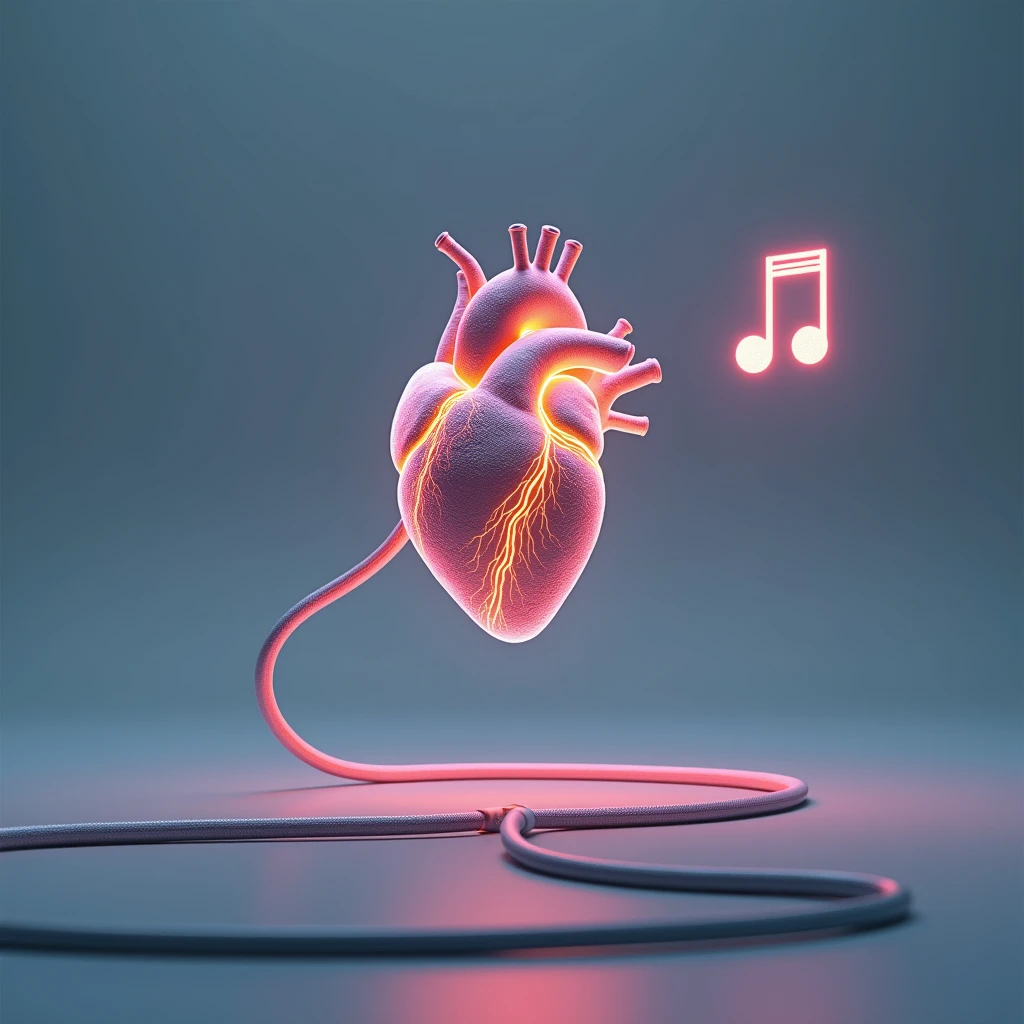 create an image of a heart connected by a cable to a musical note.