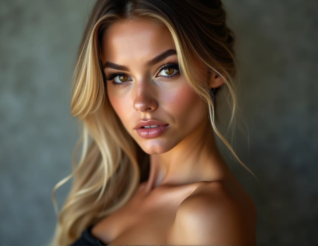 ((Half-length photo of a beautiful girl)), ((Italian nationality)), ((blonde with brown highlights)), ((hair tied up)), the girl looks shy, ((detailed face)), ((detailed skin))a little bit dark skin, attractive figure, ((big round black eyes)), black eyeliner, ((sensual lips)), suggestive pose, ((works out at the gym)), ((just finished a morning workout)), ((the photo should be of the highest quality)), ((very realistic)), ((natural)), ((clear)), close-up of the face, around 20 years old