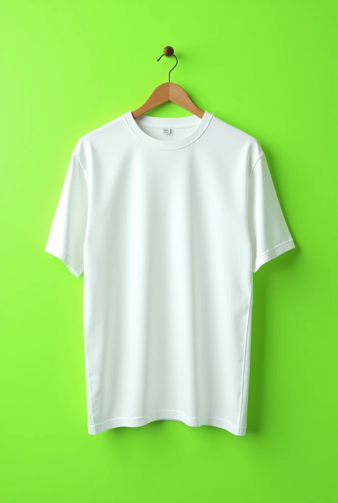 Create a realistic high-resolution image of an oversized white cotton t-shirt (220 grams, fine fabric) hanging on a wooden hanger, as if captured by an iPhone 15 Pro camera. The t-shirt should be completely white, with no logos or designs, and should appear perfectly ironed, with clear, sharp shadows and folds that highlight its premium quality. The background should be a vibrant, neon green (fluorescent green) color that contrasts sharply with the white t-shirt, making it stand out. The lighting should be bright and natural, focusing on the fine texture and smooth surface of the fabric, emphasizing the elegance and exclusivity of the t-shirt