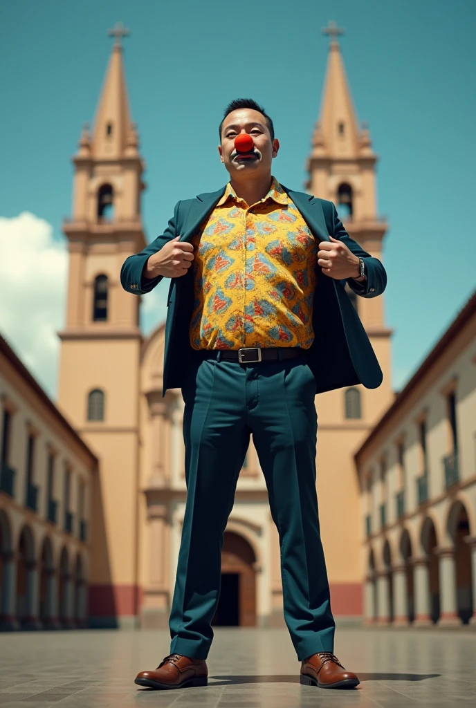 A person standing in a superman position with a suit and opening his jacket and shirt showing a colorful polo shirt between the buttons when he takes off the suit but with a clown nose, Superman style, happy in realism that is in an American style flat screen, movie style with the background of the church in the Plaza de Armas of Cajamarca, Peru but in the style of a Hollywood movie poster.