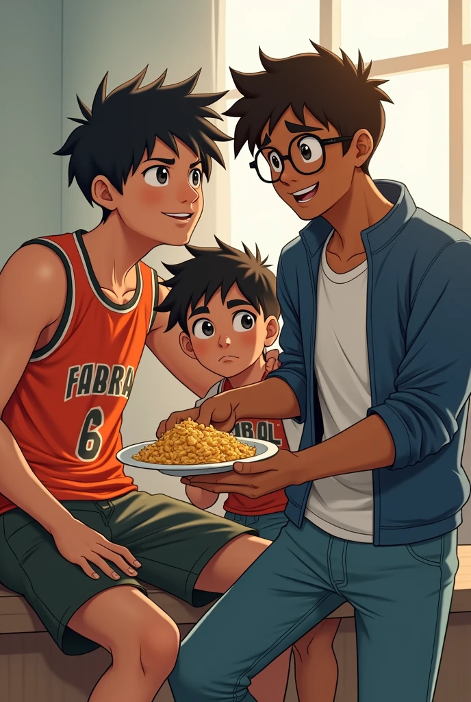 Make all three together a boy, Cao Cao, Scrawny, Asian, Bblack hair, basketball tank top, slanted eyes, cabelo Asian e outro rapaz robusto, very short hair, with glasses, smart, offwhite, with books and a boy from Paraíba, whisker, brown skinned, with glasses, 1,72m, cowlick, jeans, Blue jacket, eating couscous, 