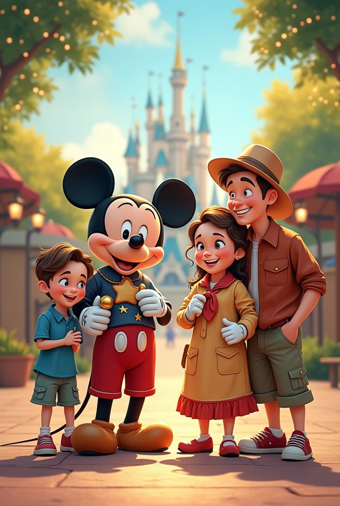 I would like an image with a family with 2 children, being one and one , 10 years as a Disney animation, celebrating a Disney vacation achievement, all together with Mickey