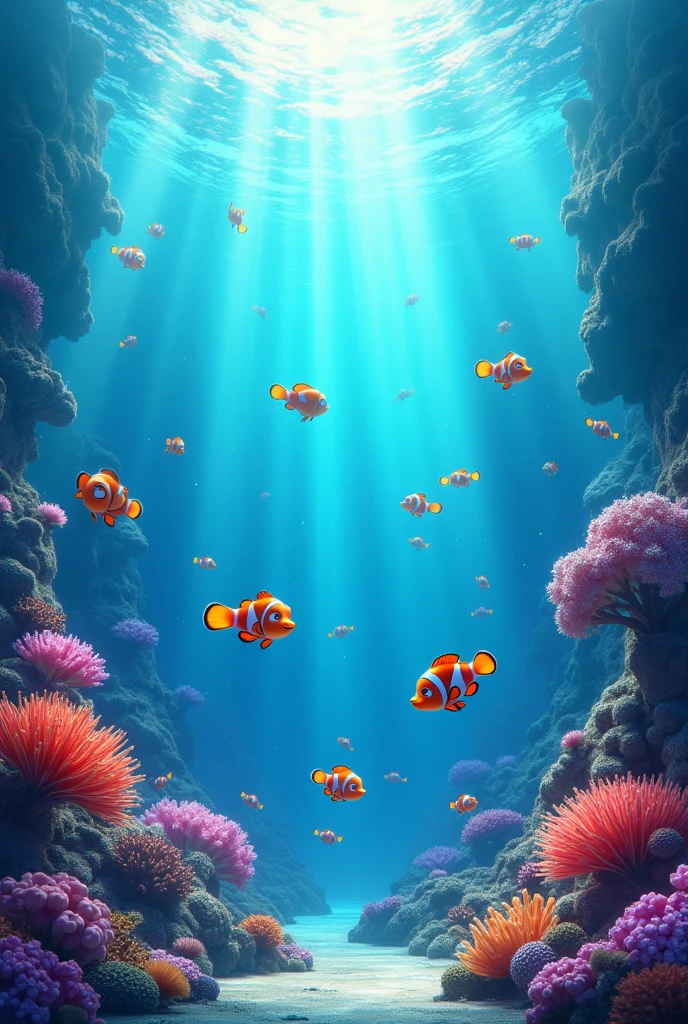 
Viral anime nature wallpaper in 4K quality, in the style of Pixar 3D inspired by Finding Nemo, illustrating an underwater scene with vibrant coral reefs, colorful fish swimming around, and sunlight piercing through the water; bright and vivid color temperature, cosmos lighting with stars visible in the water surface, no human characters, the atmosphere is lively and magical --v 5 --stylize 1000
