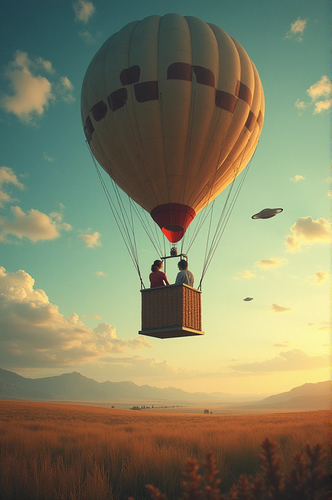 A cover for a book called Borders with a hot air balloon, with two women and that in the background there are representative things about ufology