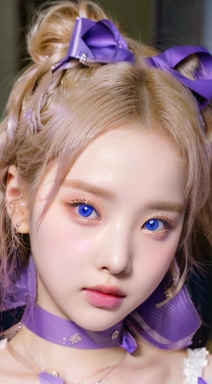 A close-up of a woman with a purple bow on her head and blue like eyes., realist. Cheng Yi, pale round face, kawaii realist portrait, with round face, Yanjun Chengt, round and smooth face, inspired by Yanjun Cheng, guweiz, guweiz style artwork, Aesthetic!!!!!! female genius, Jinyoung Shin, Portrait of Jossi from Blackpink