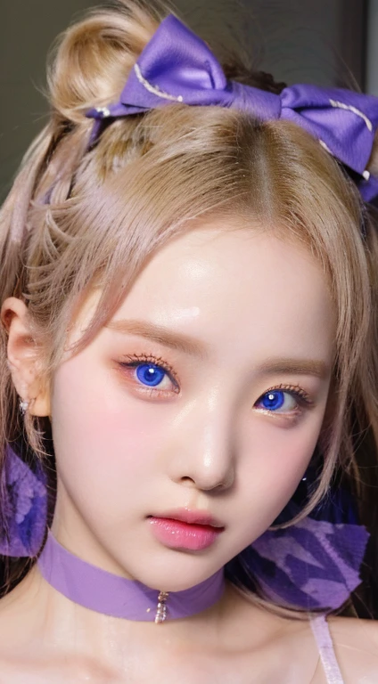 A close-up of a woman with a purple bow on her head and blue like eyes., realist. Cheng Yi, pale round face, kawaii realist portrait, with round face, Yanjun Chengt, round and smooth face, inspired by Yanjun Cheng, guweiz, guweiz style artwork, Aesthetic!!!!!! female genius, Jinyoung Shin, Portrait of Jossi from Blackpink