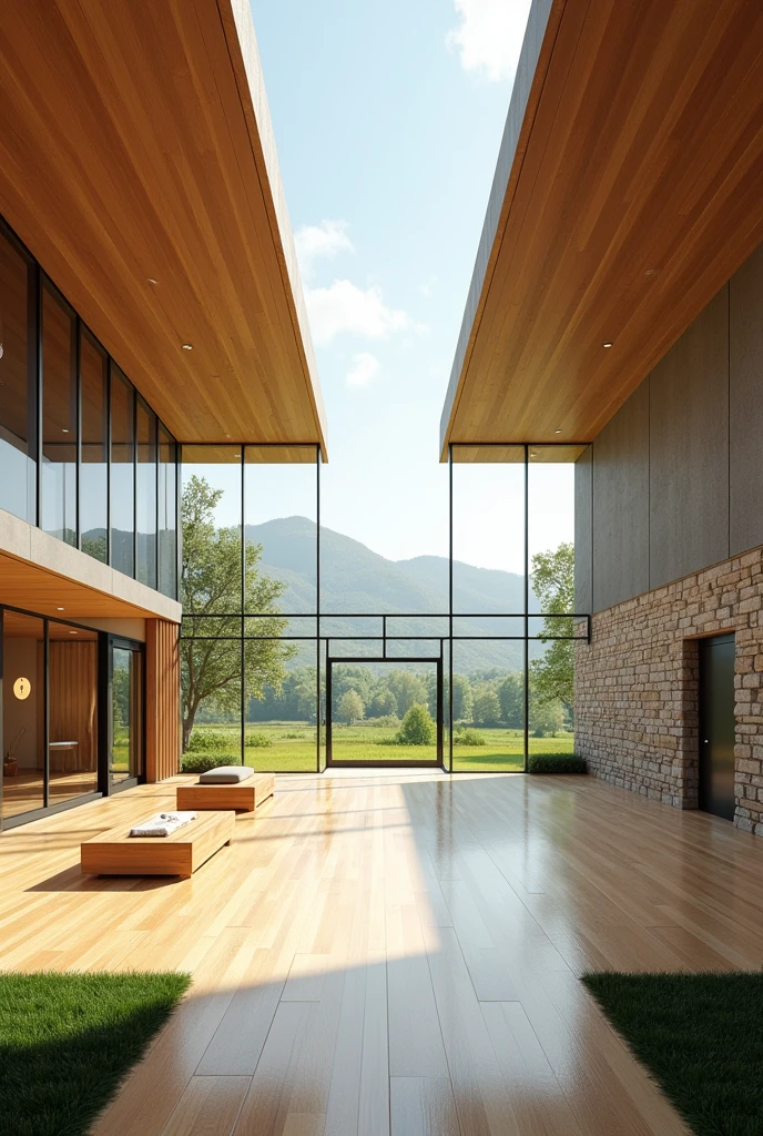 Large gym installed in a rural area that promotes a healthy lifestyle and light colors