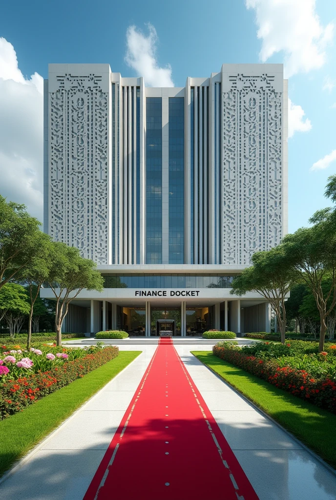 A company headquarters with Singaporean architecture, it is large from left to right, Grass and flowers altogether with a driveway on the compound ,red carpet at the entrance, FINANCE DOCKET written in clear black bold letters on the concrete built on the grass in the compound