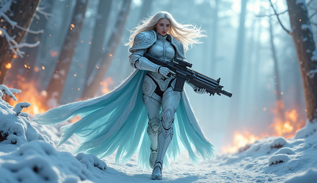a beautiful woman with long platinum blonde hair, porcelain skin, ice blue eyes, sexy sisters of battle from the warhammer 40k, shooting at the enemy, frosty white and light blue space marine armor with intricate details, religous symbols on the armor, sisters of battle, Adepta Sororitas, warhammer 40k, Massive silicone breast, pale skin, seductive, temptation, eat your soul, clevage, , standing in a magical winter wonderland with snow-covered trees and frozen lakes, intricate ice crystals and snowflakes surrounding her, (best quality,4k,8k,highres,masterpiece:1.2),ultra-detailed,(realistic,photorealistic,photo-realistic:1.37),fantasy,digital art,cinematic lighting, highly detailed armor, intricate futuristic weaponry, gritty and realistic, mecha, science fiction, hyper-detailed, photorealistic, award winning digital art, 8k, HDR, masters work, in the middle of a battle field, full body combat action pose, explosions and fire around, full war, charging, running forward, attacking, stunning, Stilleto heels, high heels, full body pose, cinematic, dust and debree, combat screams, attacking, shooting at the enemy, sisters of battle, Adepta Sororitas, warhammer 40kdramatic color palette,frozen landscape,ice powers,snow queen