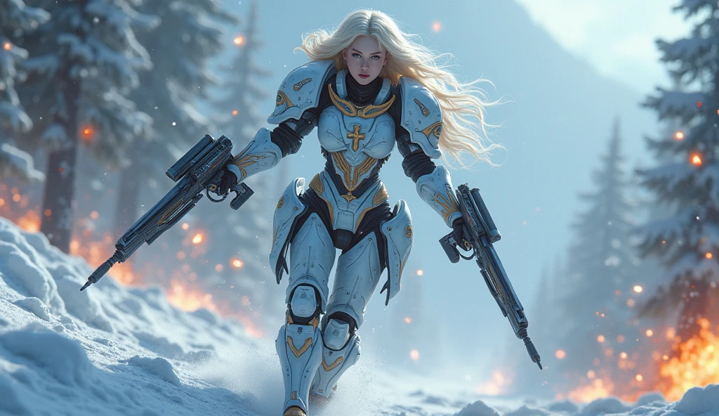 a beautiful woman with long platinum blonde hair, porcelain skin, ice blue eyes, sexy sisters of battle from the warhammer 40k, shooting at the enemy, frosty white and light blue space marine armor with intricate details, religous symbols on the armor, sisters of battle, Adepta Sororitas, warhammer 40k, Massive silicone breast, pale skin, seductive, temptation, eat your soul, clevage, , standing in a magical winter wonderland with snow-covered trees and frozen lakes, intricate ice crystals and snowflakes surrounding her, (best quality,4k,8k,highres,masterpiece:1.2),ultra-detailed,(realistic,photorealistic,photo-realistic:1.37),fantasy,digital art,cinematic lighting, highly detailed armor, intricate futuristic weaponry, gritty and realistic, mecha, science fiction, hyper-detailed, photorealistic, award winning digital art, 8k, HDR, masters work, in the middle of a battle field, full body combat action pose, explosions and fire around, full war, charging, running forward, attacking, stunning, Stilleto heels, high heels, full body pose, cinematic, dust and debree, combat screams, attacking, shooting at the enemy, sisters of battle, Adepta Sororitas, warhammer 40kdramatic color palette,frozen landscape,ice powers,snow queen