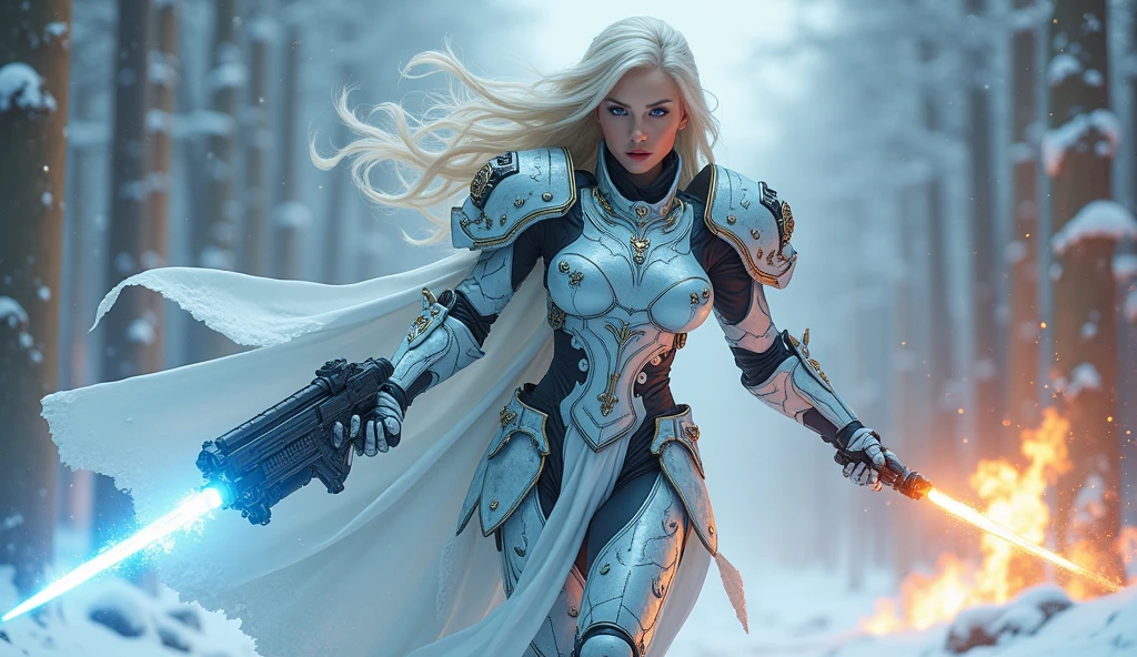 a beautiful woman with long platinum blonde hair, porcelain skin, ice blue eyes, sexy sisters of battle from the warhammer 40k, shooting at the enemy, frosty white and light blue space marine armor with intricate details, religous symbols on the armor, sisters of battle, Adepta Sororitas, warhammer 40k, Massive silicone breast, pale skin, seductive, temptation, eat your soul, clevage, , standing in a magical winter wonderland with snow-covered trees and frozen lakes, intricate ice crystals and snowflakes surrounding her, (best quality,4k,8k,highres,masterpiece:1.2),ultra-detailed,(realistic,photorealistic,photo-realistic:1.37),fantasy,digital art,cinematic lighting, highly detailed armor, intricate futuristic weaponry, gritty and realistic, mecha, science fiction, hyper-detailed, photorealistic, award winning digital art, 8k, HDR, masters work, in the middle of a battle field, full body combat action pose, explosions and fire around, full war, charging, running forward, attacking, stunning, Stilleto heels, high heels, full body pose, cinematic, dust and debree, combat screams, attacking, shooting at the enemy, sisters of battle, Adepta Sororitas, warhammer 40kdramatic color palette,frozen landscape,ice powers,snow queen
