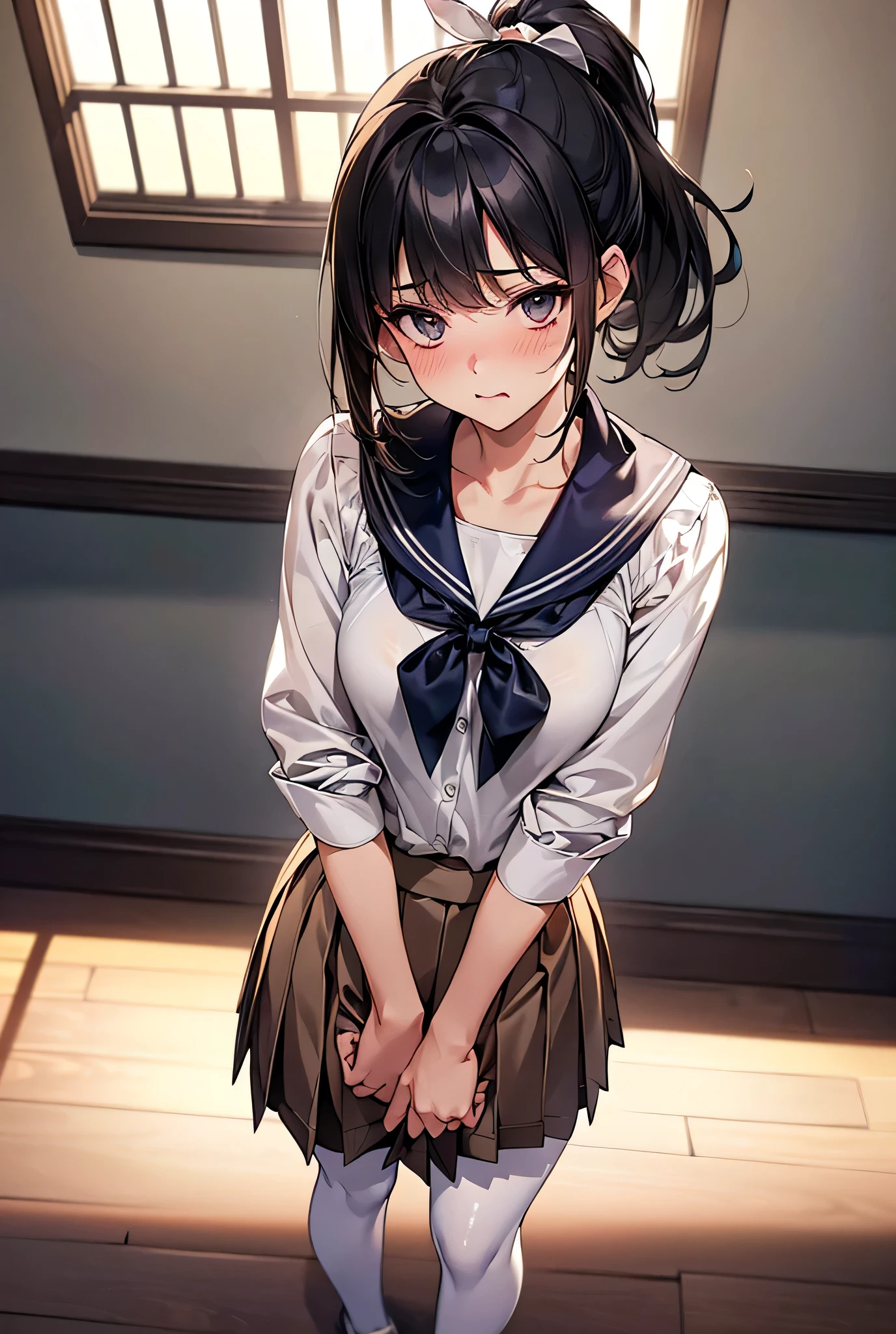 (((masterpiece, Highest quality, High resolution, 超High resolution, Pixel perfect, Written boundary depth, 4K, RTTX10.0))), Cute anime woman, Beautiful art style, Anime characters, ((Smooth texture, Realistic texture, Anime CG style)), Exact finger count、Exact number of legs、(Exact number of arms:1.0, Exact number of hands:1.0), (Perfect hands, Perfect Anatomy), Cinematic, Realistic, Highly detailed CG, Daytime lighting, Perfect lighting, Best Shadow, The best natural light, whole body, Perfectly balanced style, Perfectly balanced body, (Slender body:1.2), whole body, ((bangs, Black Hair, Cute ponytail)), ((A pretty woman is standing with her legs crossed, holding her skirt:1.3)), (Fashionable white shirt, White panties, Small ribbon in the center of the waist of the panties, Panties with lace trim, Sailor collar, Beige pantyhose, White socks,loafers, Navy pleated mini skirt:1.3), (Beautiful big boobs:1.1), ((Embarrassed expression:1.4), blush, (Sexual pleasure expression, Fun expression:1.4), (look up, mouth half open:1.1), Limits of patience), (In the school classroom:1.3), (Pussy juice:1.4), Beautiful attention to detail, Angle from the front, remote_Vibrating shortcuts,