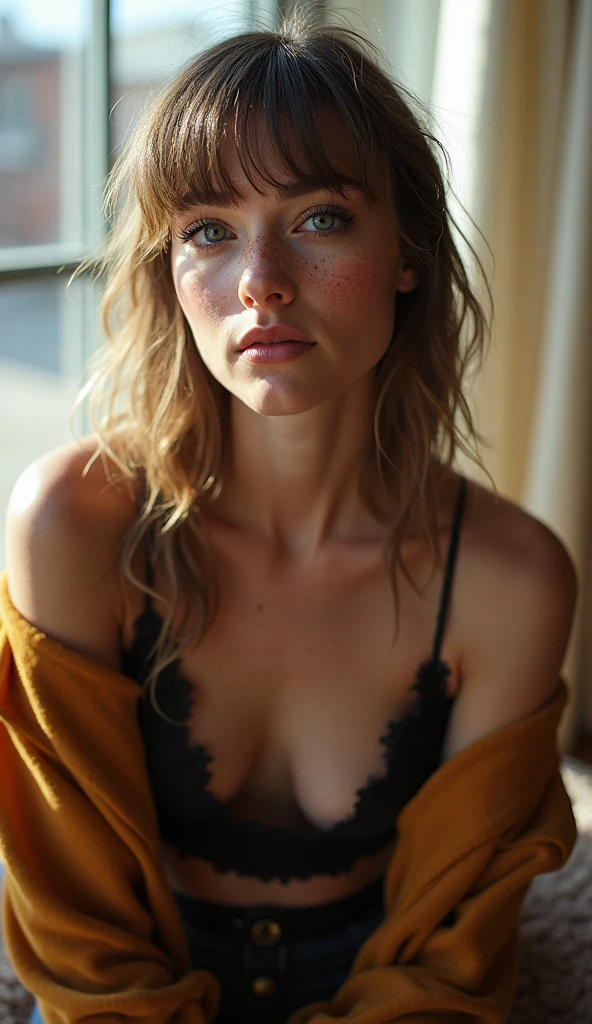 "Dutch Woman, Caucasian, With Feathered Bangs And Vivid Freckles, In A Trendy Outfit With Patterned Hosiery, Seated On A Plush Footstool, Her Clear Skin And Long Eyelashes Enhanced By Bright Daylight Streaming Through A Window."