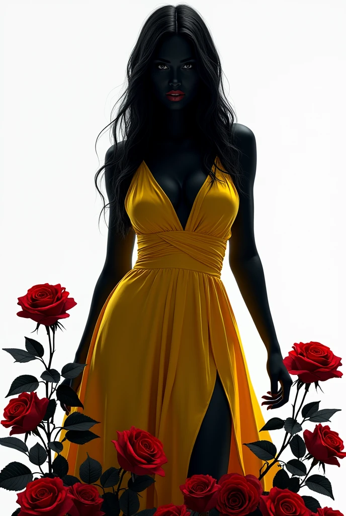 woman, long straight black hair, big bust, yellow dress, black and white silhouette image, full body, red roses around, looking at the camera, photorealistic