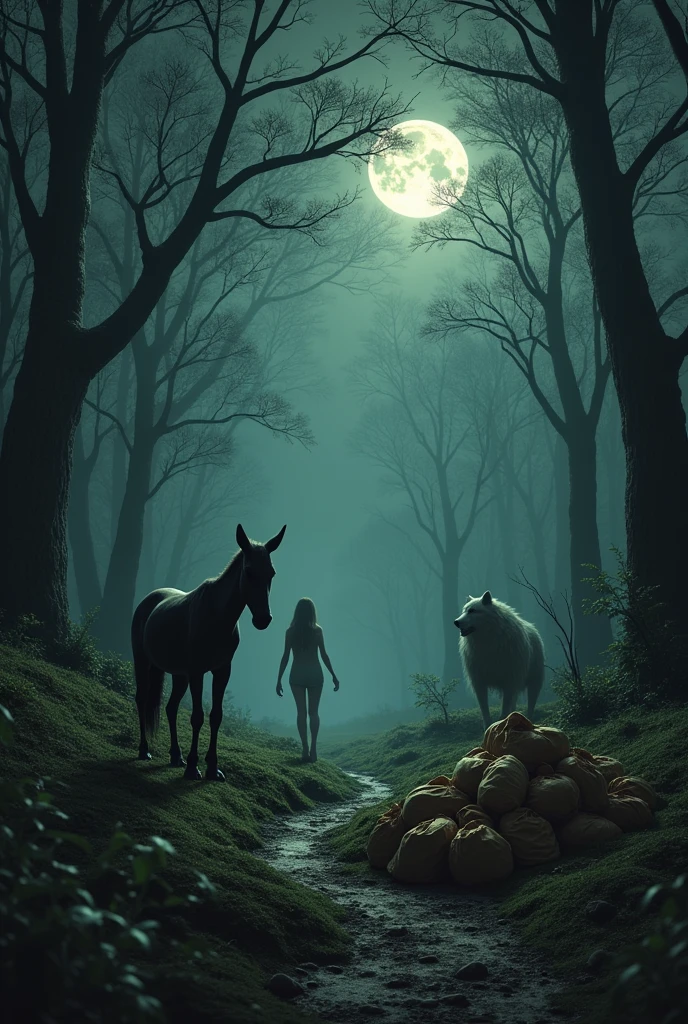 characters from Brazilian folklore: headless mule, BAGS, Curupira , werewolf, she cried again.in a forest setting at night


