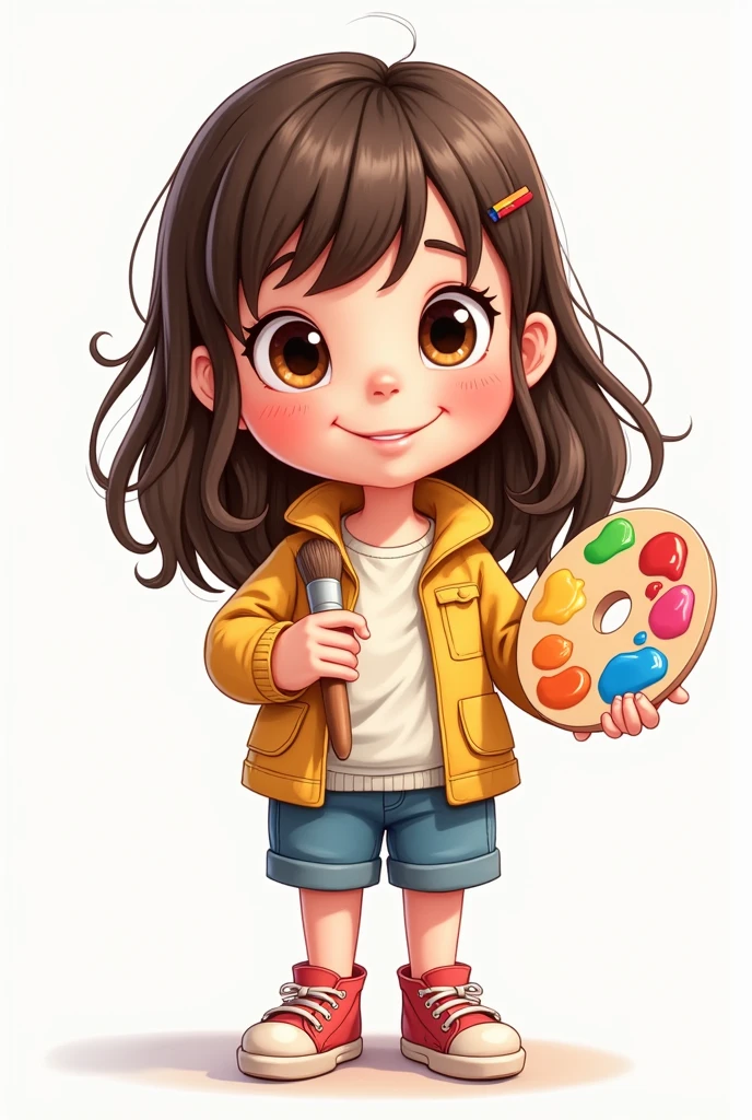 Create a cartoon mascot, child with long straight hair, and short bangs, light brown eyes and I want her to be holding a brush and a paint palette in her hands
