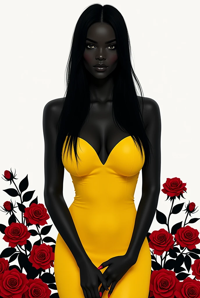 woman, long straight black hair, big bust, yellow dress, black and white silhouette image, full body, red roses around, looking at the camera, photorealistic