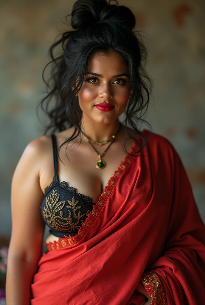 wolf cut hairstyle erotic hindu wife super big fake lips red lipstick super delicious body saree bra chubby body