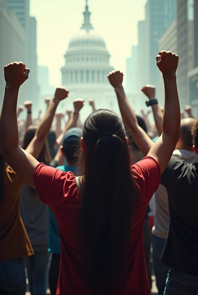 A group of people demonstrate with clenched fists raised from the back view