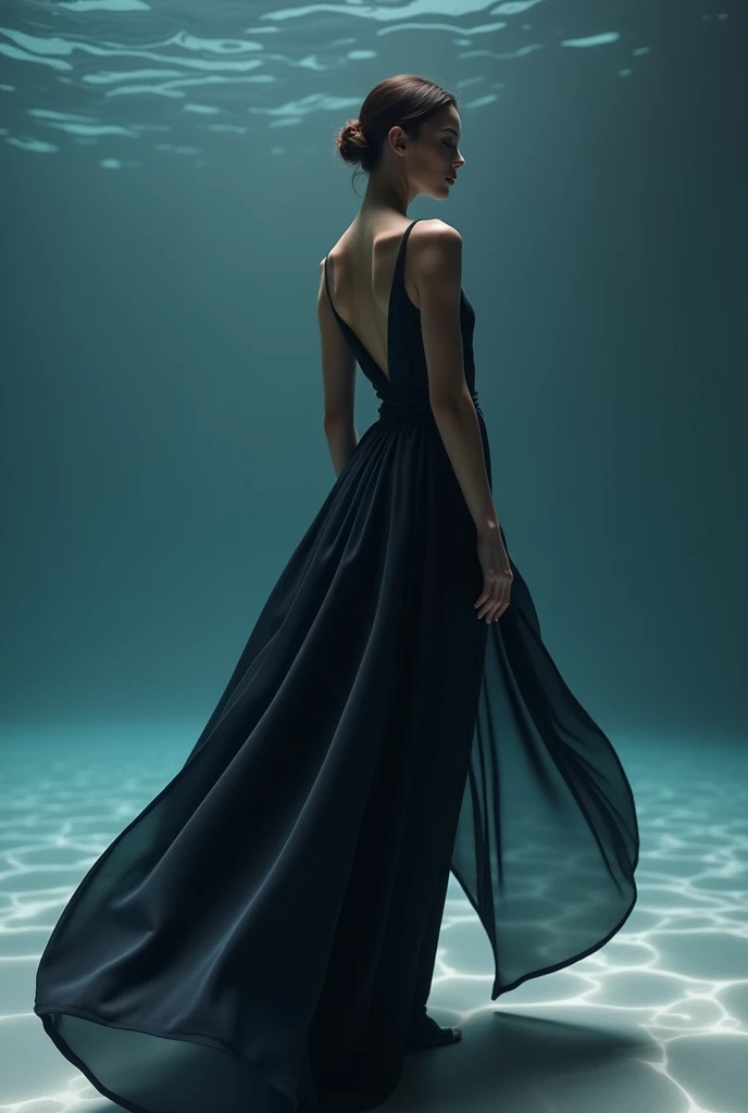 Design a stunning, minimalist outfit for a beautiful woman inspired by the graceful form of a manta ray. The outfit should feature flowing, streamlined shapes that mimic the manta ray's wings, focusing on smooth curves and a sleek silhouette. Use luxurious fabric with a slight sheen in deep oceanic tones like midnight blue or charcoal gray. The design should exude sophistication and high-end fashion, balancing structure and fluidity to embody the manta ray's majestic movement through water.