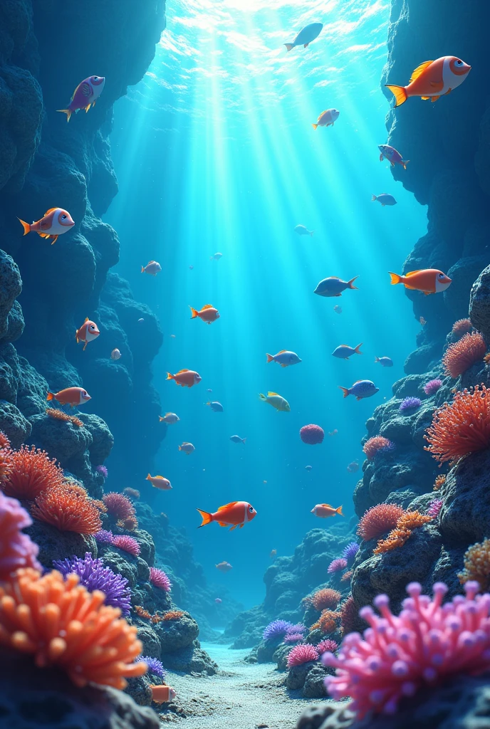 
Viral anime nature wallpaper in 4K quality, in the style of Pixar 3D inspired by Finding Nemo, illustrating an underwater scene with vibrant coral reefs, colorful fish swimming around, and sunlight piercing through the water; bright and vivid color temperature, cosmos lighting with stars visible in the water surface, no human characters, the atmosphere is lively and magical --v 5 --stylize 1000