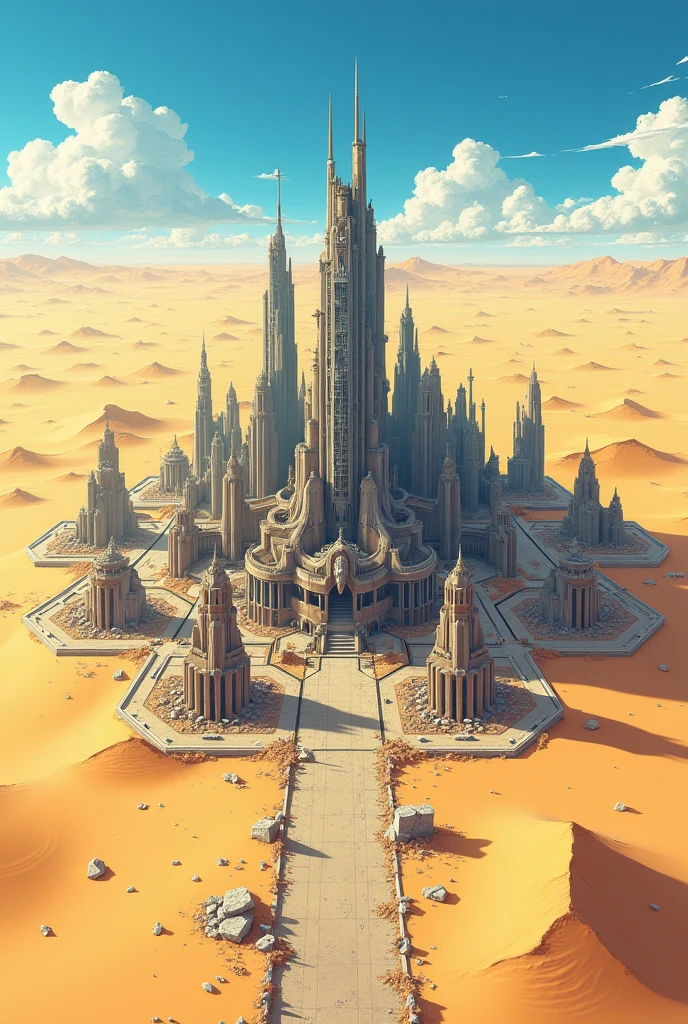 Make me an art of a map of a destroyed city in the desert in anime