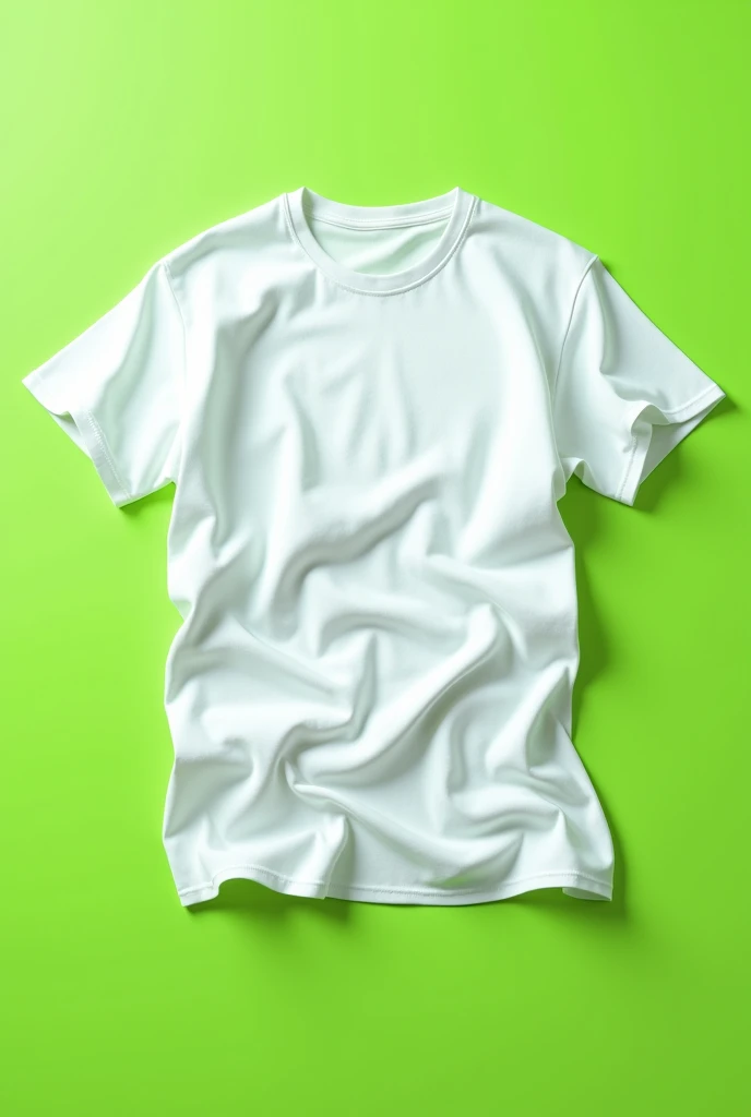 Design a REALISTIC high-resolution image of an OVERSIZED OVERSIZED white cotton t-shirt (220 grams, fine fabric) laying on the ground, as if captured by an iPhone 15 Pro camera. The t-shirt should be completely white, without any logos or designs, and should appear as if it's being gently lifted by the wind, creating soft, natural folds and ripples in the fabric. The background should be a bright, neon green (fluorescent green) color, providing a vivid contrast to the white t-shirt. The lighting should be bright and natural, emphasizing the texture and quality of the fabric, while the green background adds a bold, dynamic element to the image