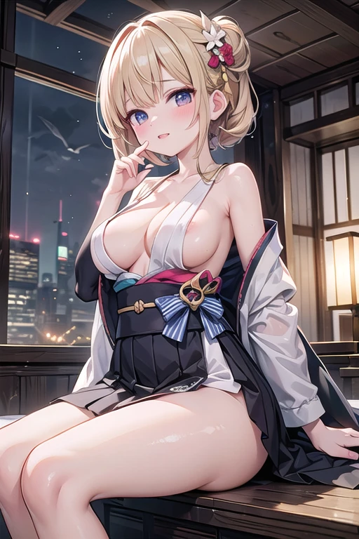 Very detailed, High resolution, Perfect dynamic composition, Beautiful attention to detail, Showing cleavage, Beautiful breasts, Ancient world, Flushed face, Dynamic pose, Natural Lip, Seductive udder, Off shoulder, Anime girl, Waist cape, Flare skirt,  Fantastic illumination, Underboob, Pampering gesture, Unknown language, Dancing in the Wind, high detail, masterpiece, accurate, anatomically correct, super detail, high quality, highres, award winning, UHD, 8k, The optimal ratio is four fingers to one thumb, Half naked, Gravure idol, Big Breasts, A mysterious place, A mysterious sky, Half naked Kimono