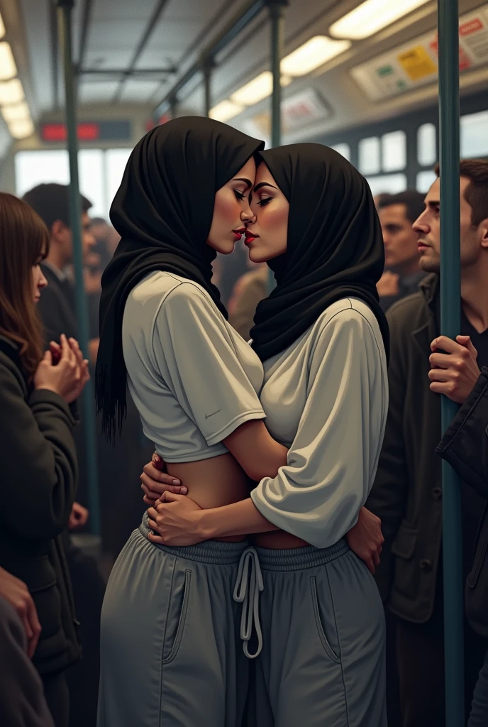 Black headscarf on a very crowded bus, white long sleeve t shirt,Sexy skinny woman in baggy grey sweatpants kissing a man.Other people are touching the woman&#39;s waist. 