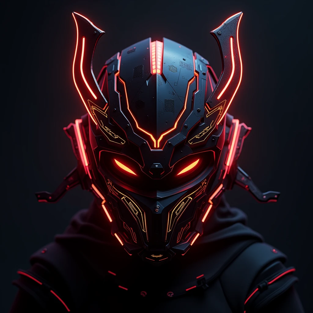 Create an image of a Samurai mask with a sleek, futuristic design, featuring glowing neon lines and highlights, giving it a cool and modern gamer aesthetic. Neno effect of red, black , white and golden.