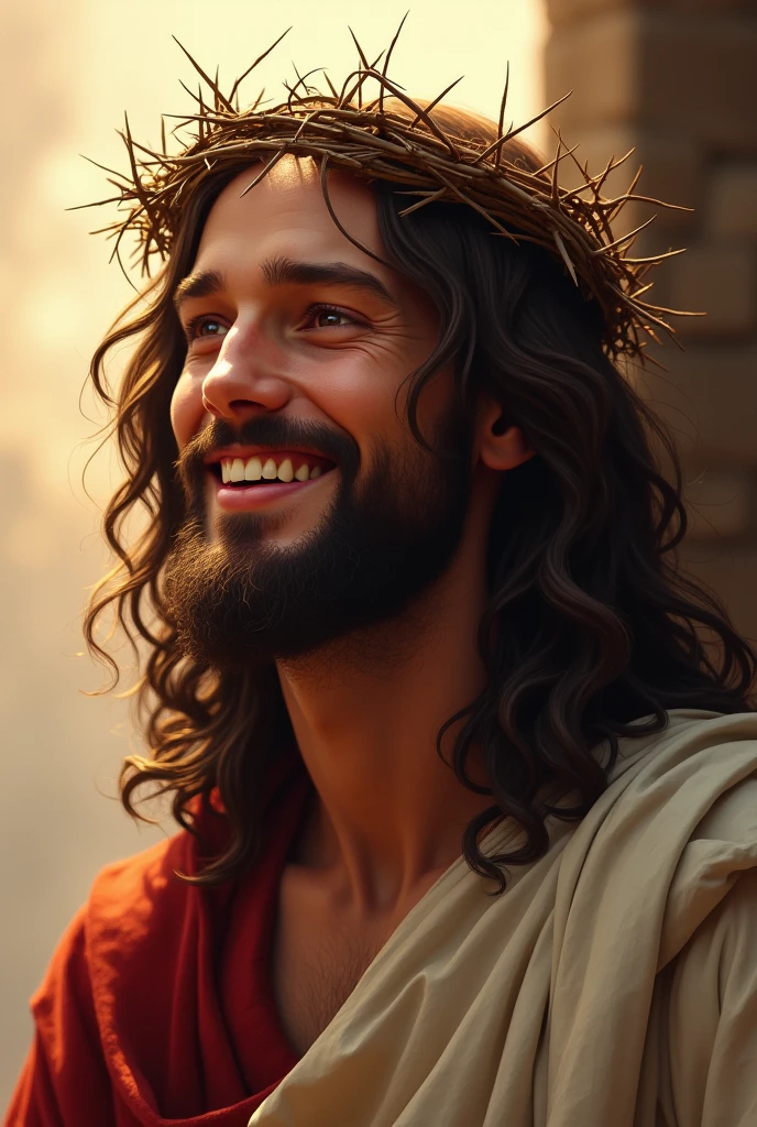A detailed, realistic image of Jesus Christ smiling warmly while wearing a crown of thorns. Despite the crown, his expression is peaceful and full of compassion, conveying a sense of divine love and forgiveness. His eyes are gentle, and his long, wavy hair falls over his shoulders. The crown of thorns is depicted with intricate detail, but it does not detract from the kindness in his expression. The background is soft and serene, with a warm light surrounding him, emphasizing the sacred and hopeful mood of the scene.