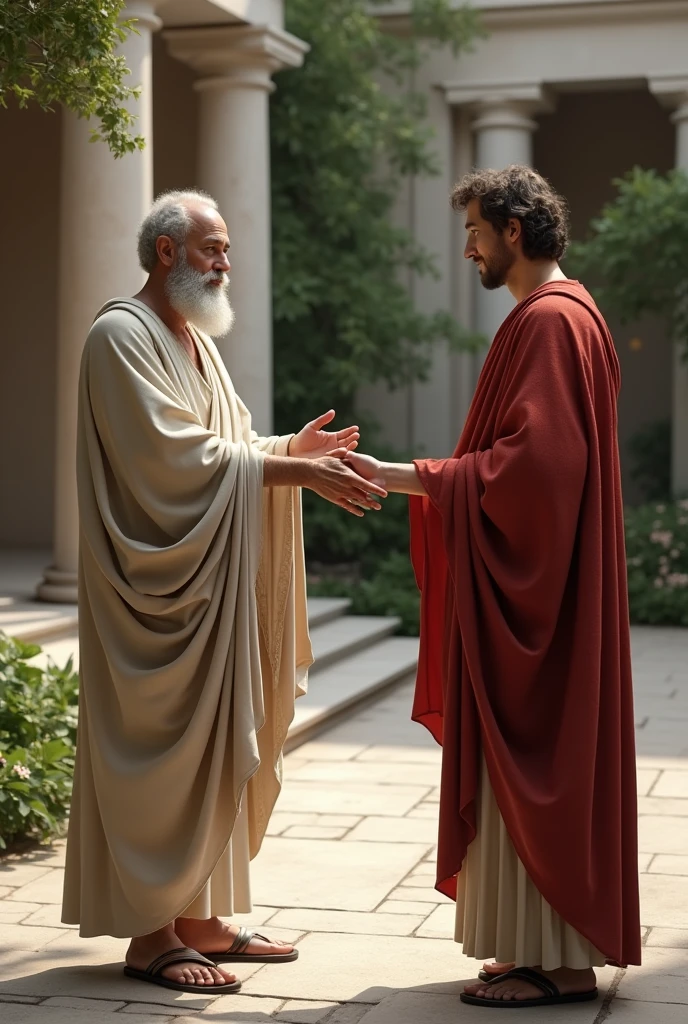 I want to create an image of Plato introducing himself to someone by the hand