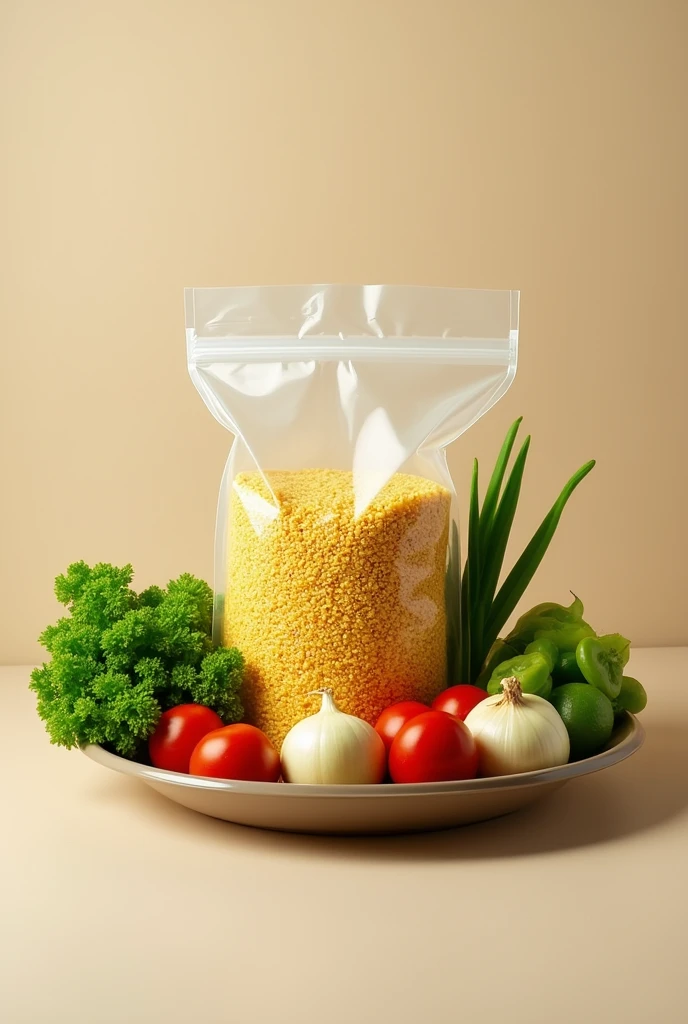 A plastic plate with bag of mealie meal,and vegetables inside