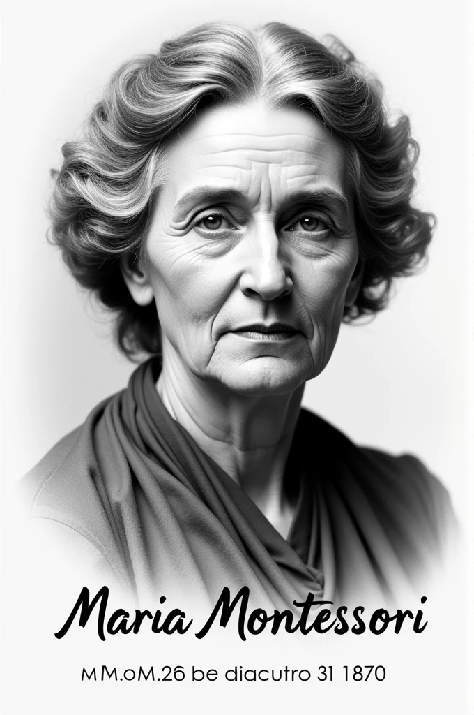 Black and white image of Maria Montessori to color and at the bottom include this phrase in Spanish that says Commemoration of her birth M.M 31 August 1870