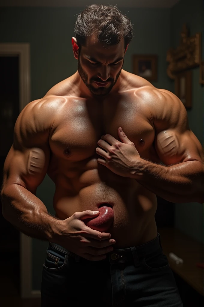 A buffed-muscular man with a bulky buff body stroking his throbbing cock